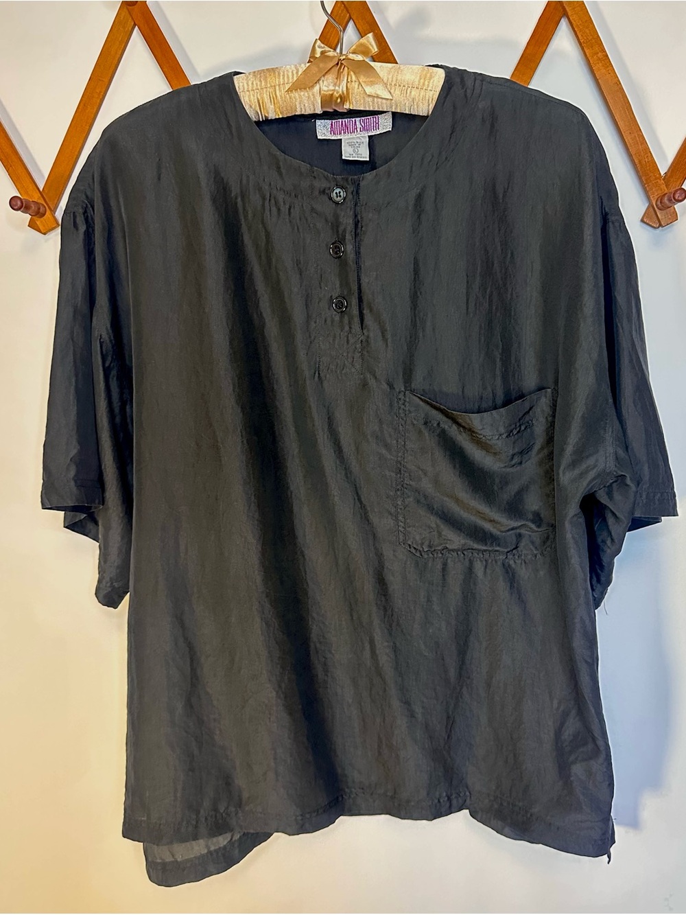Vintage 90s Black 100% Silk Boxy Pocket Blouse L Amanda Smith